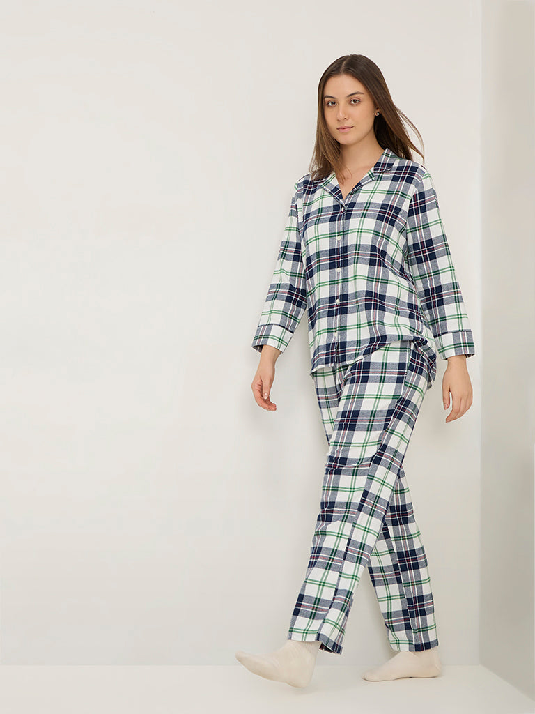 Wunderlove Blue Checkered Cotton Shirt and Pyjamas Set
