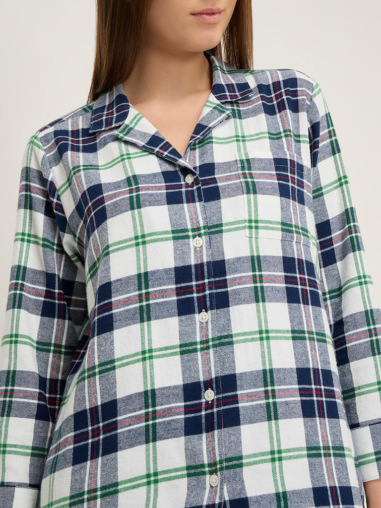 Wunderlove Blue Checkered Cotton Shirt and Pyjamas Set