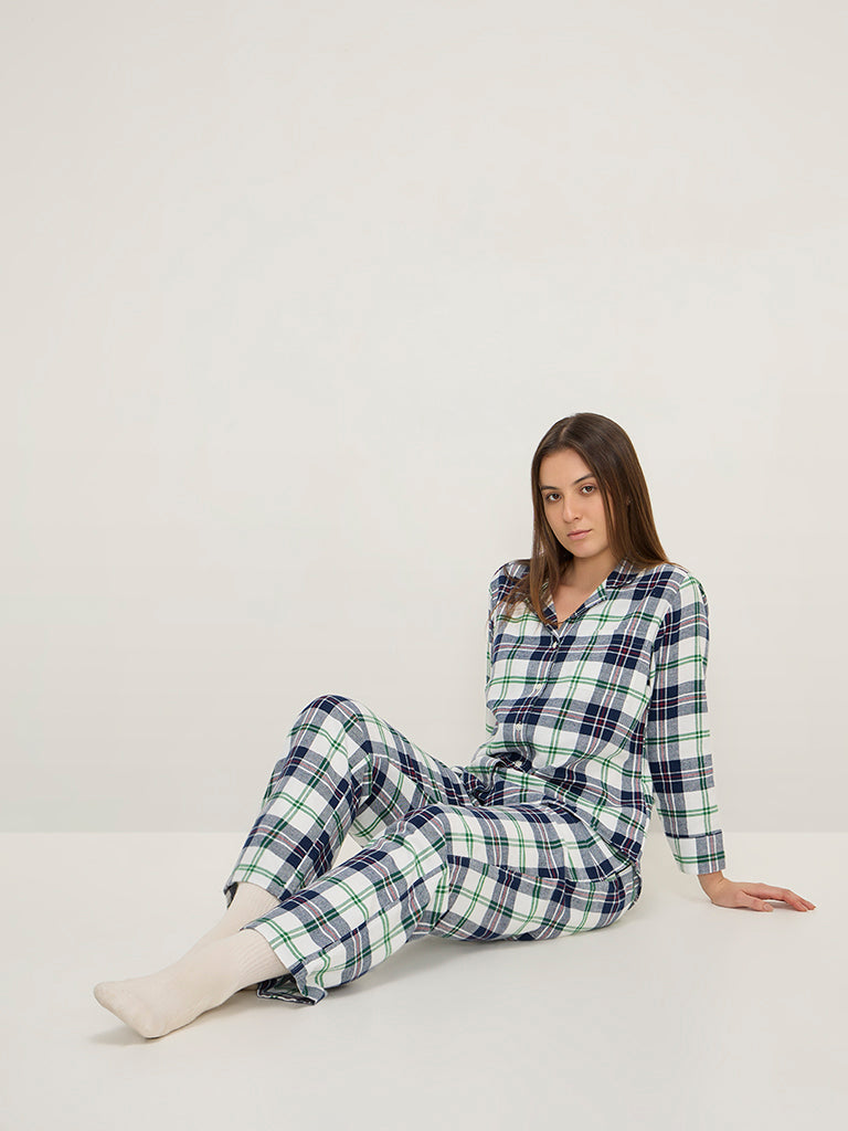 Wunderlove Blue Checkered Cotton Shirt and Pyjamas Set
