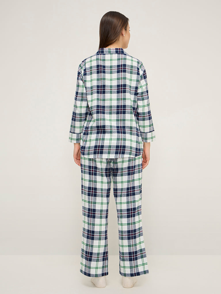 Wunderlove Blue Checkered Cotton Shirt and Pyjamas Set