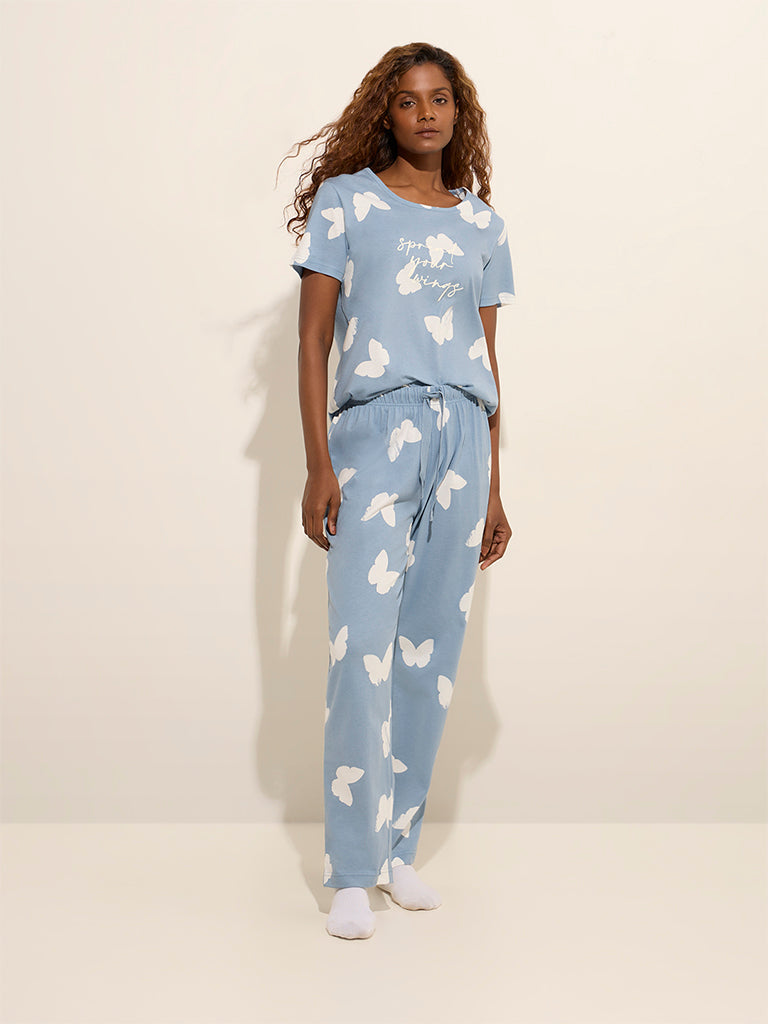 Buy Wunderlove Light Blue Printed Cotton Pyjamas Set In A Bag from