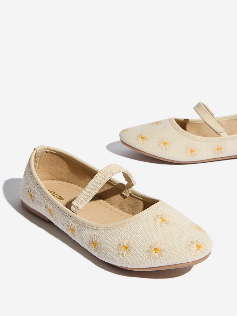 Westside Yellow Kids Beige Floral Embroidered Mary Jane Shoes for Casual Wear Zoomed View