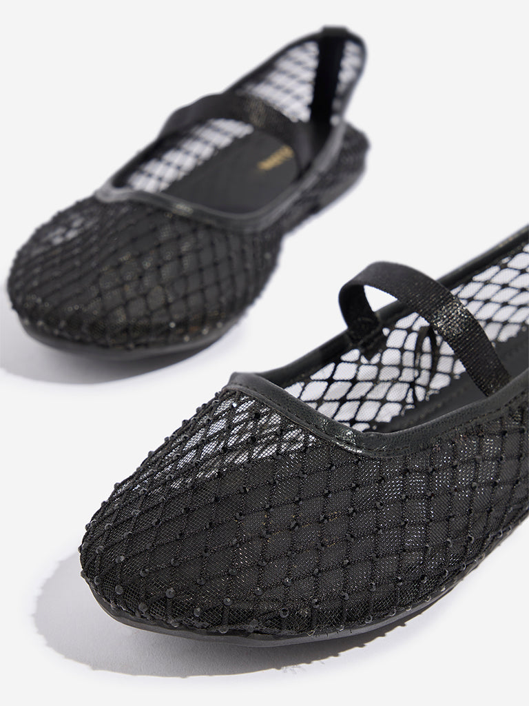 Westside Yellow Kids Black Mesh-Detailed Mary Jane Shoes for Casual Wear Zoomed View