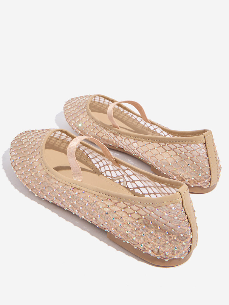 Westside Yellow Kids Beige Mesh-Detailed Mary Jane Shoes for Casual Wear Zoomed View