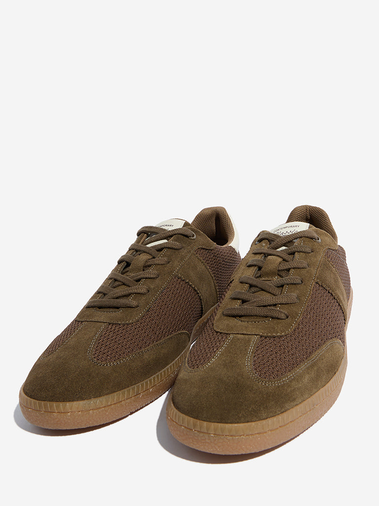 Westside SOLEPLAY Men's Dark Brown Suede Leather Mesh Lace-Up Sneakers for Casual Wear Zoomed View