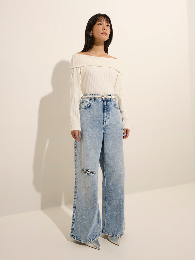 Nuon Blue Ripped Relaxed-Fit High-Rise Jeans