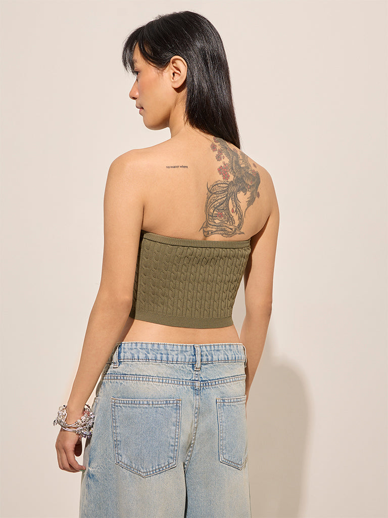 Westside Nuon Women's Olive Cable Knit Textured Tube Top for Casual Wear Casual Wear Back View