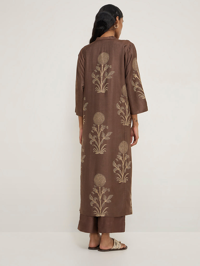 Westside Zuba Women's Brown Foliage-Printed Straight Kurta for Work Wear Back View