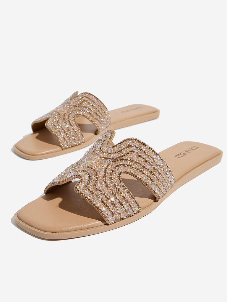 Westside LUNA BLU Women's Rose Gold Embellished Slides for Casual Wear Zoomed View