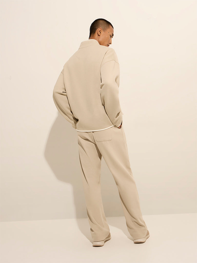 Westside Studiofit Men's Beige Solid Quarter Zip Cotton-Blend Sweatshirt for Winter Wear Back View