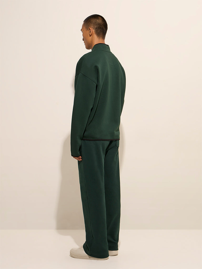 Westside Studiofit Men's Dark Green Solid Quarter Zip Cotton-Blend Sweatshirt for Winter Wear Back View