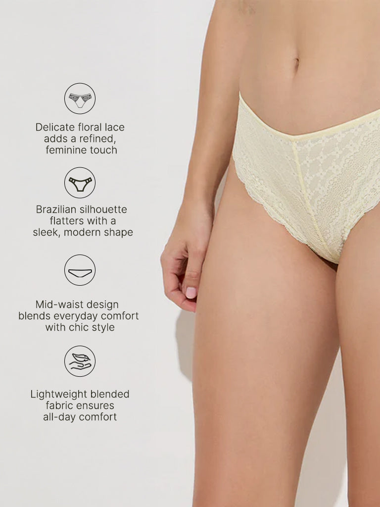 Westside Wunderlove Women's Yellow Lace Design Brazilian Briefs for Casual Wear Infographic Image