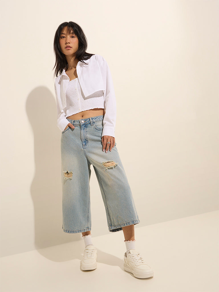 Nuon White Cotton Shirt With Smocked Top