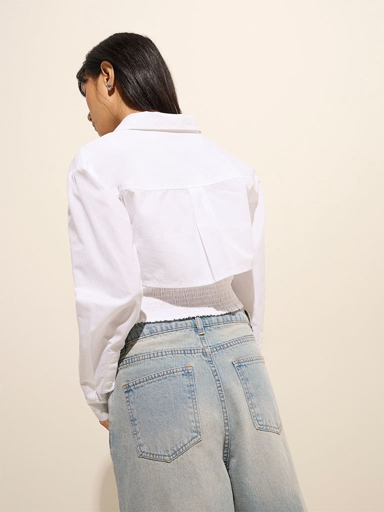 Nuon White Cotton Shirt With Smocked Top