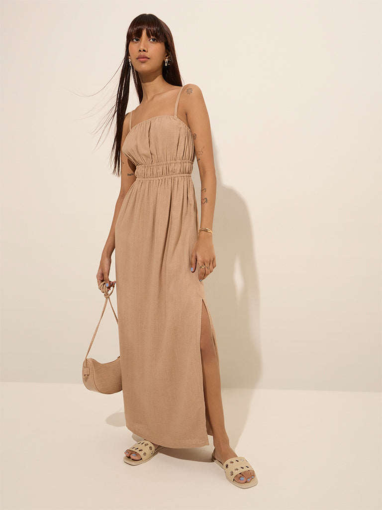 westisde Nuon Women's Dark Beige Knot-Detailed Cotton A-Line Dress for Casual Wear Full Model View