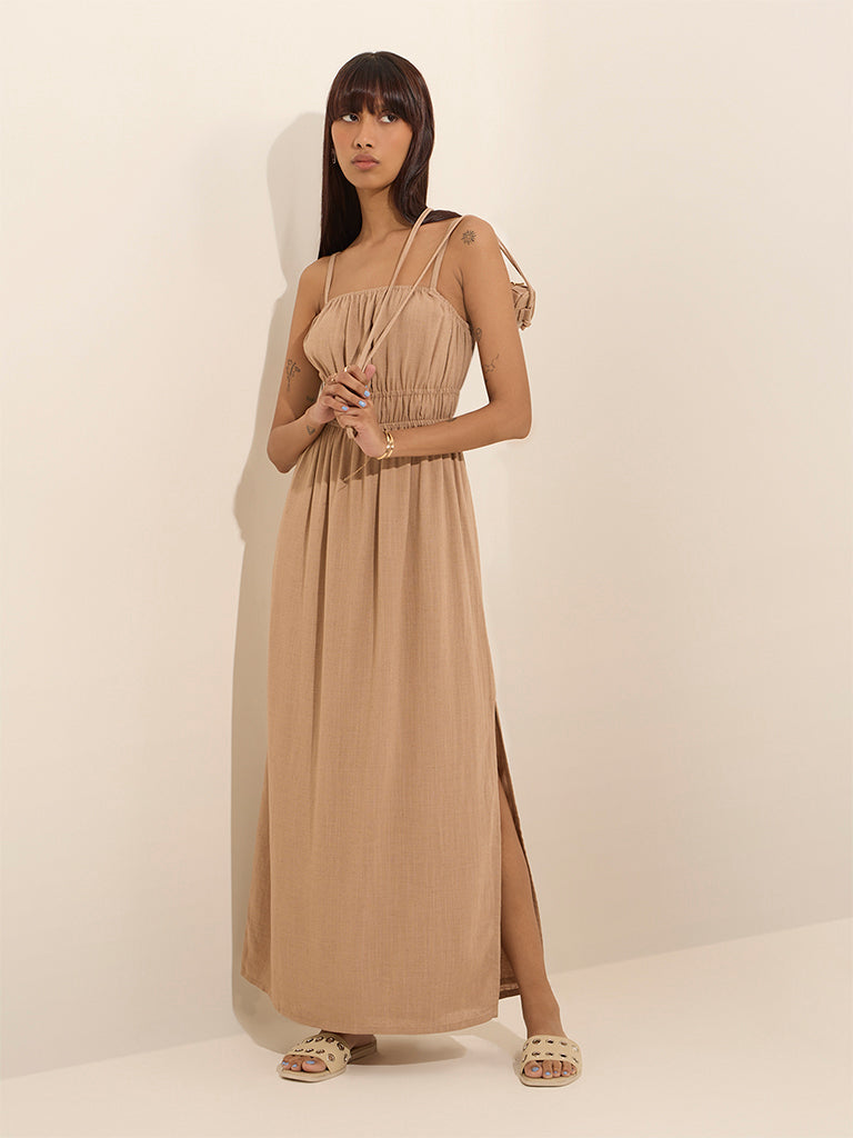 westisde Nuon Women's Dark Beige Knot-Detailed Cotton A-Line Dress for Casual Wear Front View
