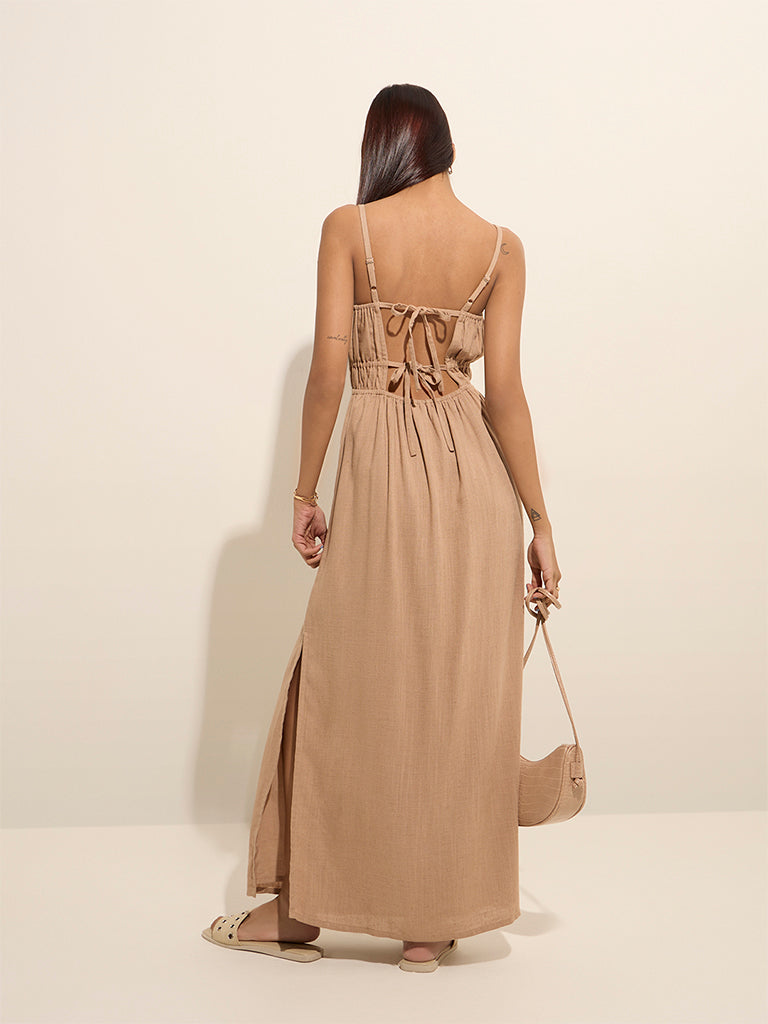 westisde Nuon Women's Dark Beige Knot-Detailed Cotton A-Line Dress for Casual Wear Back View