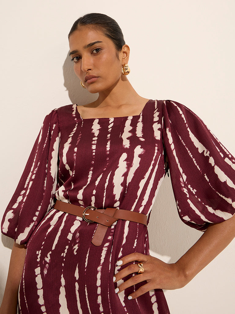 Wardrobe Wine Abstract Printed A-Line Dress with Belt