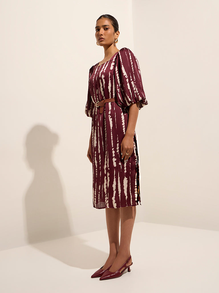 Wardrobe Wine Abstract Printed A-Line Dress with Belt