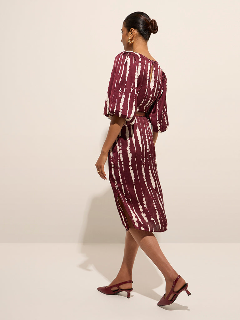 Wardrobe Wine Abstract Printed A-Line Dress with Belt