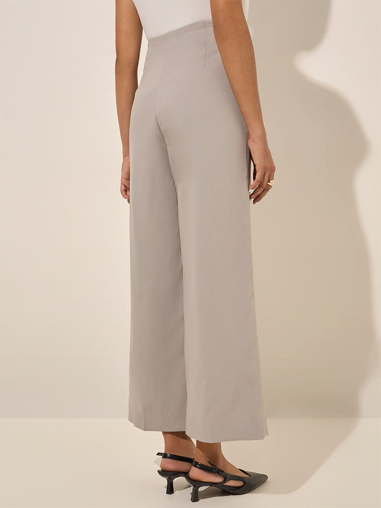 Westside Wardrobe Women's Grey High-Rise Flared Trousers for Work Wear Back View