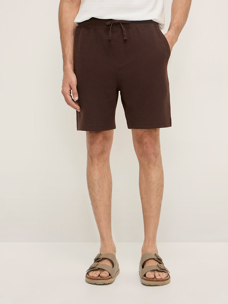 WES Lounge Brown Waffle-Textured Relaxed-Fit Mid-Rise Cotton-Blend Shorts