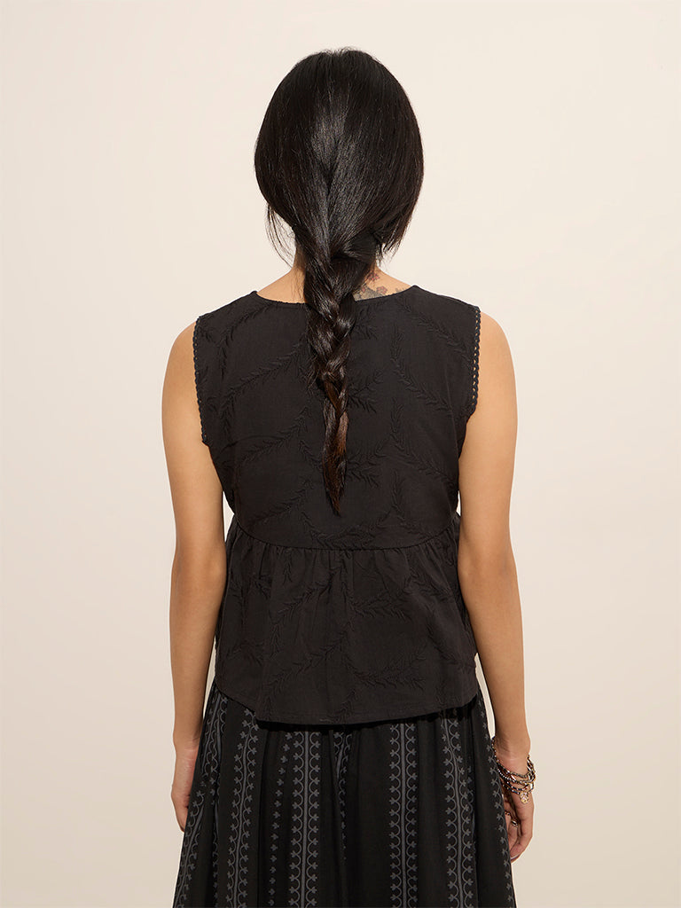 Westside Bombay Paisley Women's Black Embroidered Cotton Top for Everyday Back View