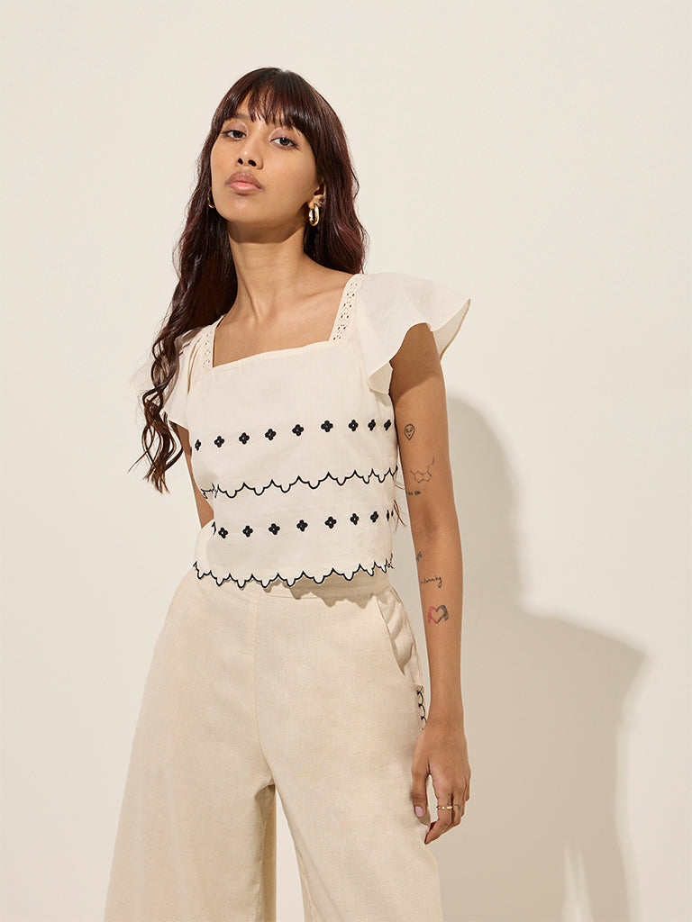 Westside Bombay Paisley Women's Beige Embroidered Cotton Top for Everyday Front View