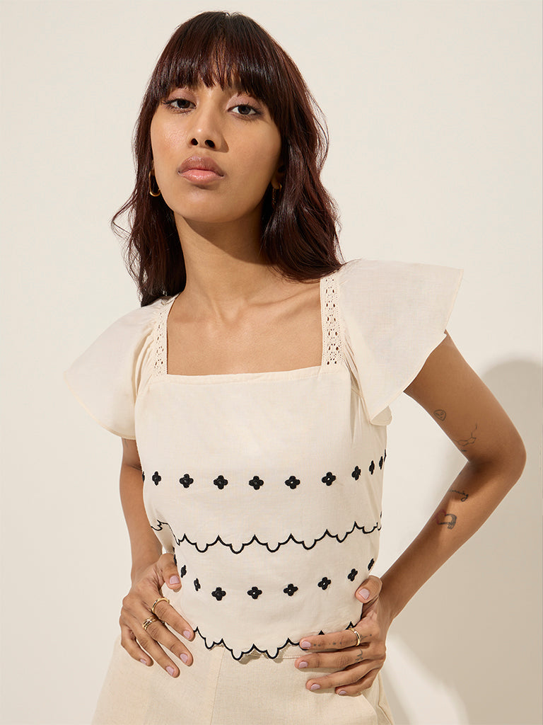 Westside Bombay Paisley Women's Beige Embroidered Cotton Top for Everyday Zoomed View
