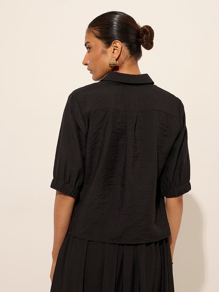 Westside Wardrobe Women's Black Crinkle Textured Shirt for Work Wear Back View