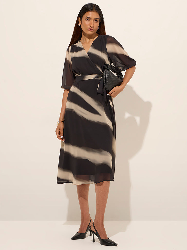 Buy Wardrobe Black Printed A-Line Belted Dress from Westside