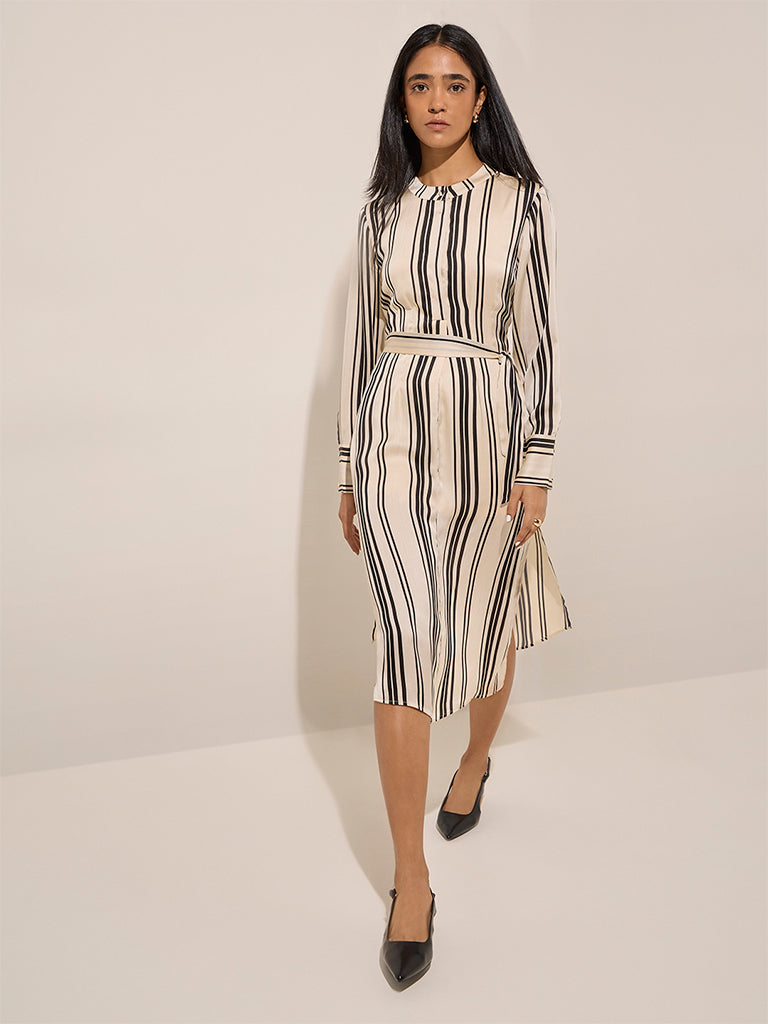 Wardrobe Ivory Striped A-Line Dress with Belt