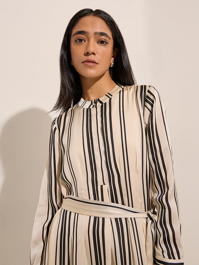 Wardrobe Ivory Striped A-Line Dress with Belt