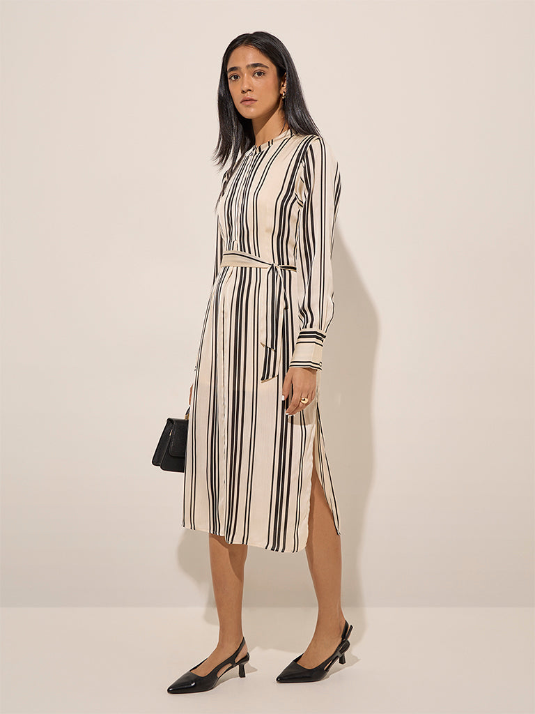 Wardrobe Ivory Striped A-Line Dress with Belt