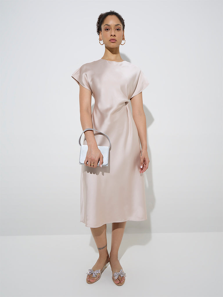 Westside Wardrobe Women's Light Beige A-Line Dress for Work Wear Front View