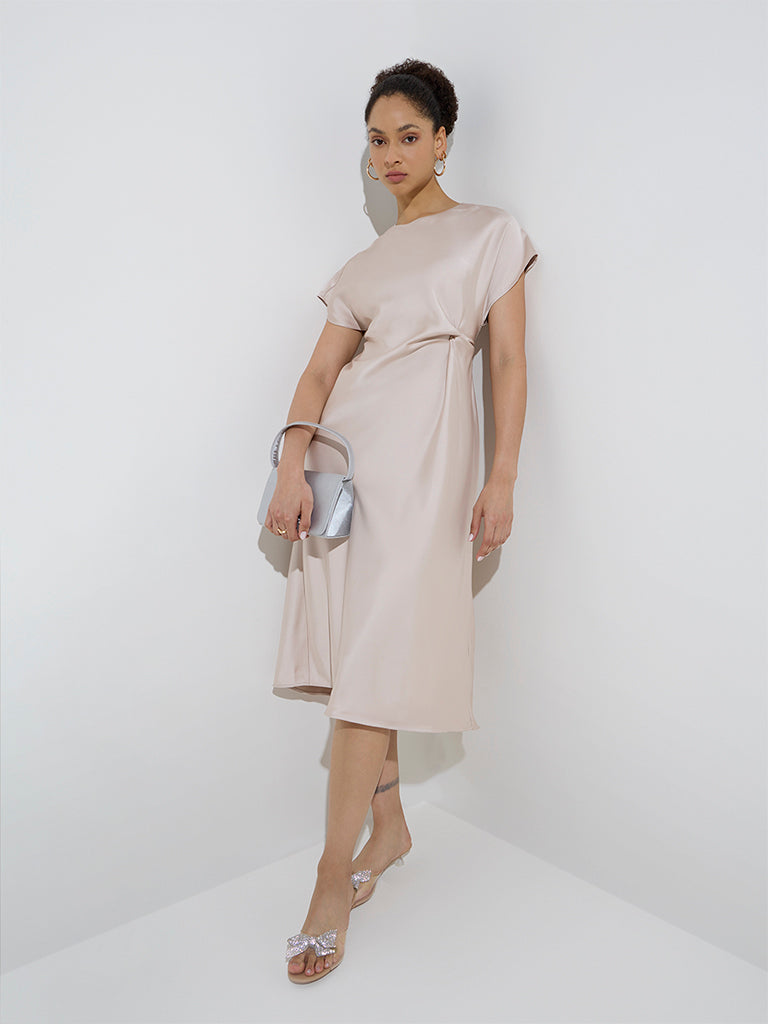 Westside Wardrobe Women's Light Beige A-Line Dress for Work Wear Full View