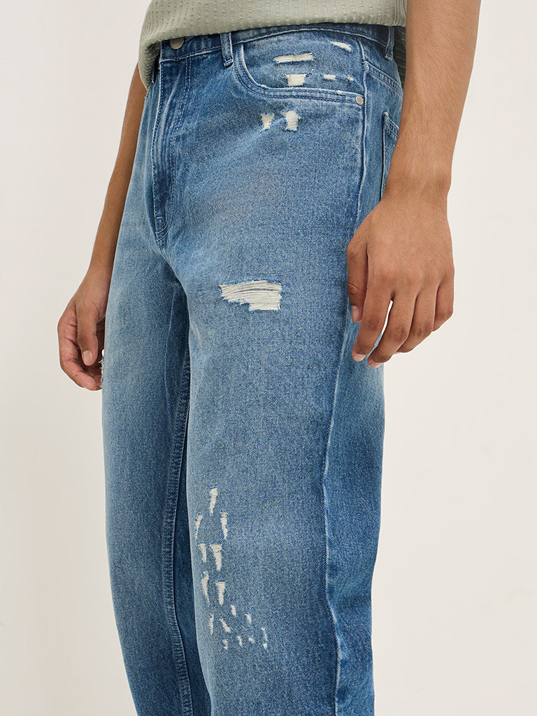 Nuon Blue Distressed Relaxed - Fit Mid - Rise Jeans