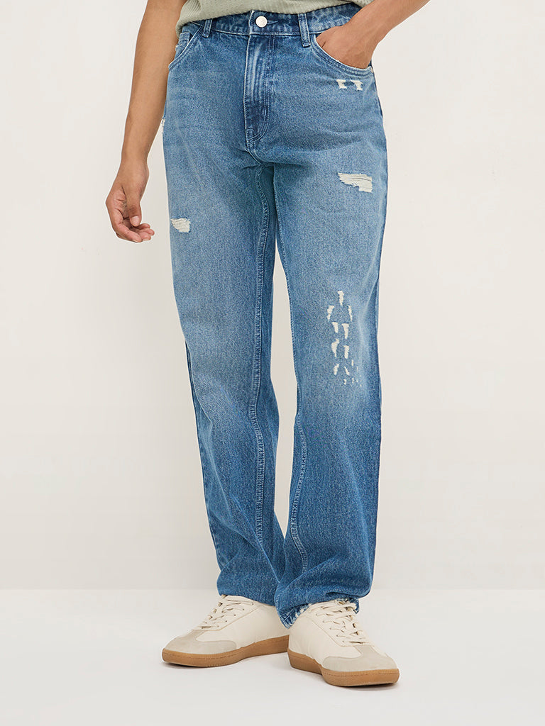 Nuon Blue Distressed Relaxed - Fit Mid - Rise Jeans