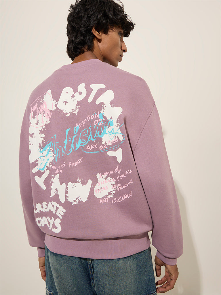 Westside Nuon Men's Lilac Text Design Relaxed-Fit Cotton Sweatshirt for Winter Wear Winter Wear Back View