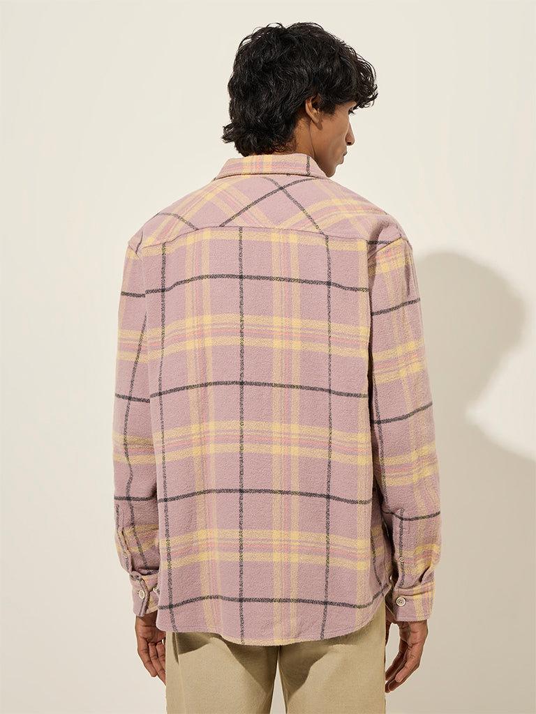 Westside Nuon Men's Dusty Pink Checkered Relaxed-Fit Cotton Shirt for Casual Wear Back View