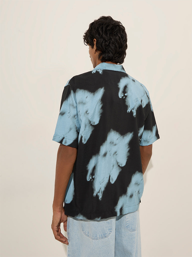 Westside Nuon Men's Blue Abstract Design Relaxed-Fit Cotton-Blend Shirt for Casual Wear Back View