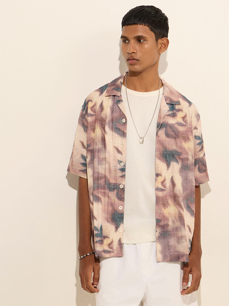 Nuon Mauve Abstract Print Relaxed-Fit Textured Cotton-Blend Shirt