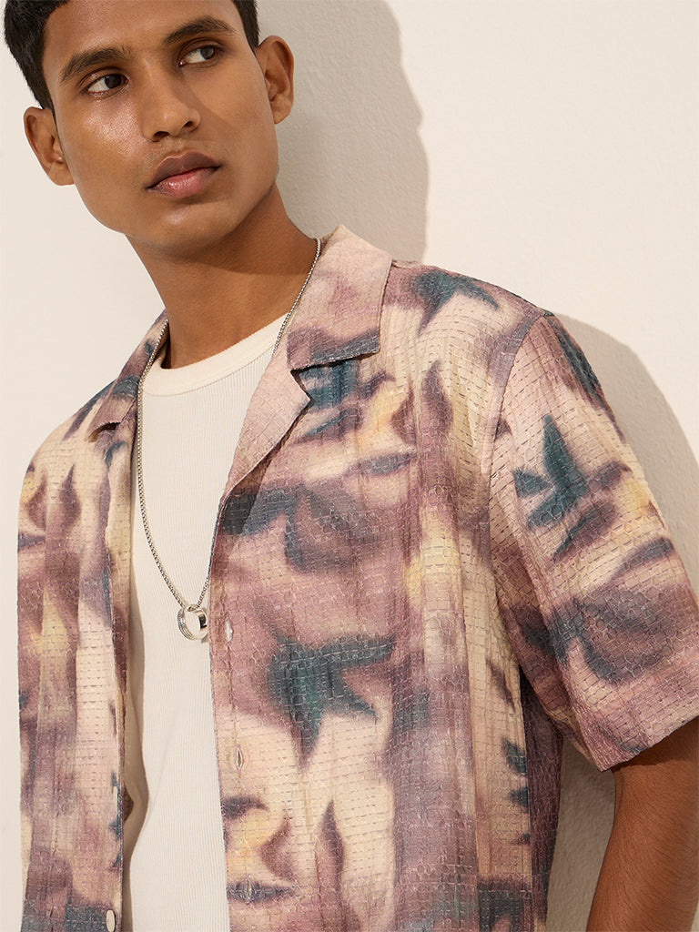 Nuon Mauve Abstract Print Relaxed-Fit Textured Cotton-Blend Shirt