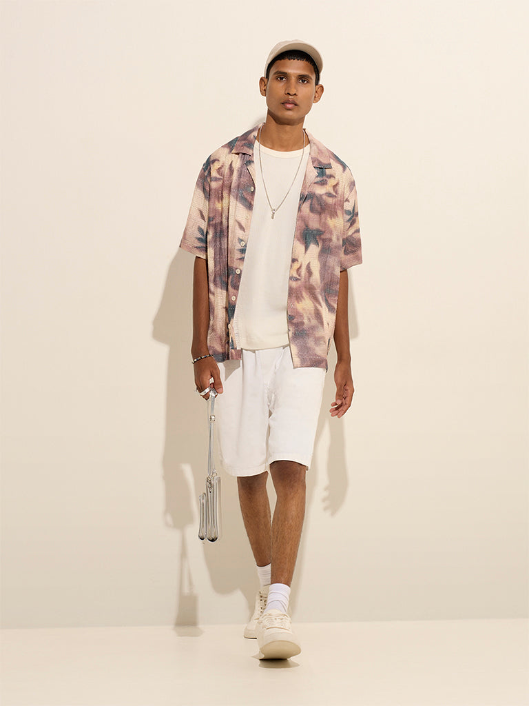 Nuon Mauve Abstract Print Relaxed-Fit Textured Cotton-Blend Shirt