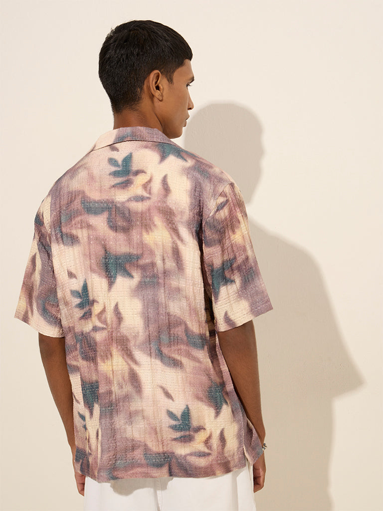Nuon Mauve Abstract Print Relaxed-Fit Textured Cotton-Blend Shirt