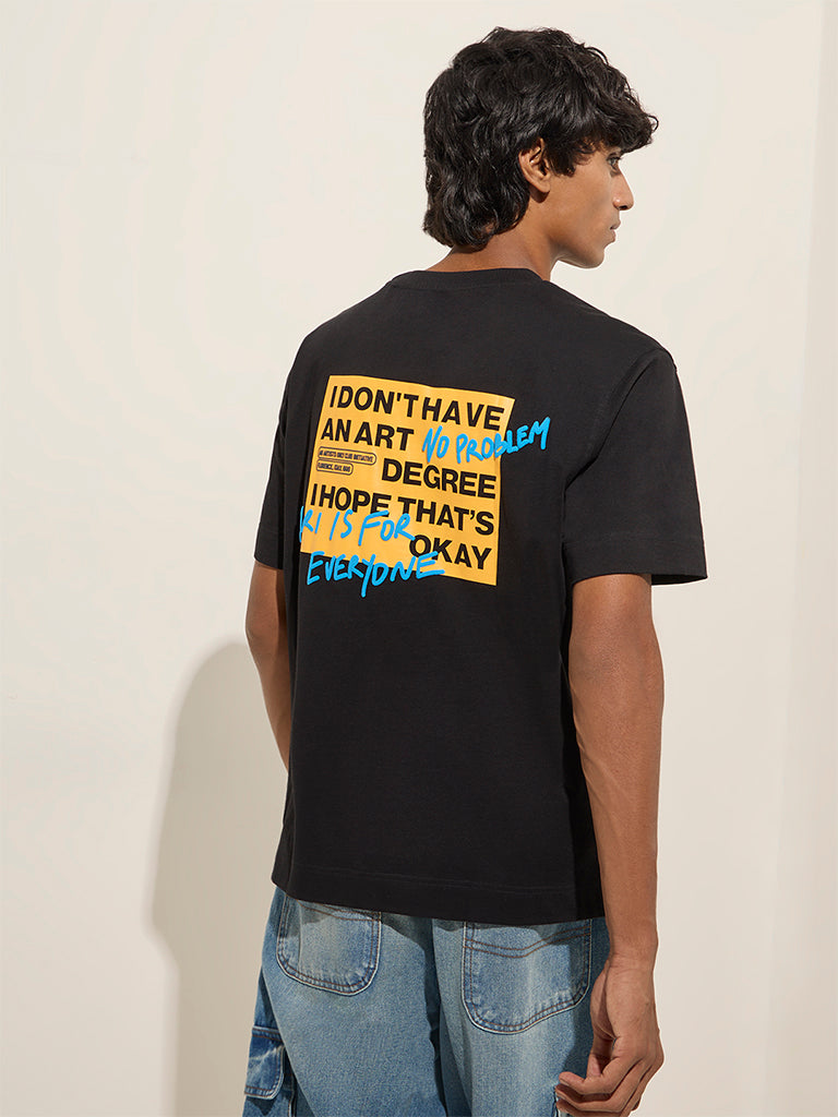 Westside Nuon Men's Black Typographic Design Relaxed-Fit Cotton T-Shirt for Casual Wear Back View