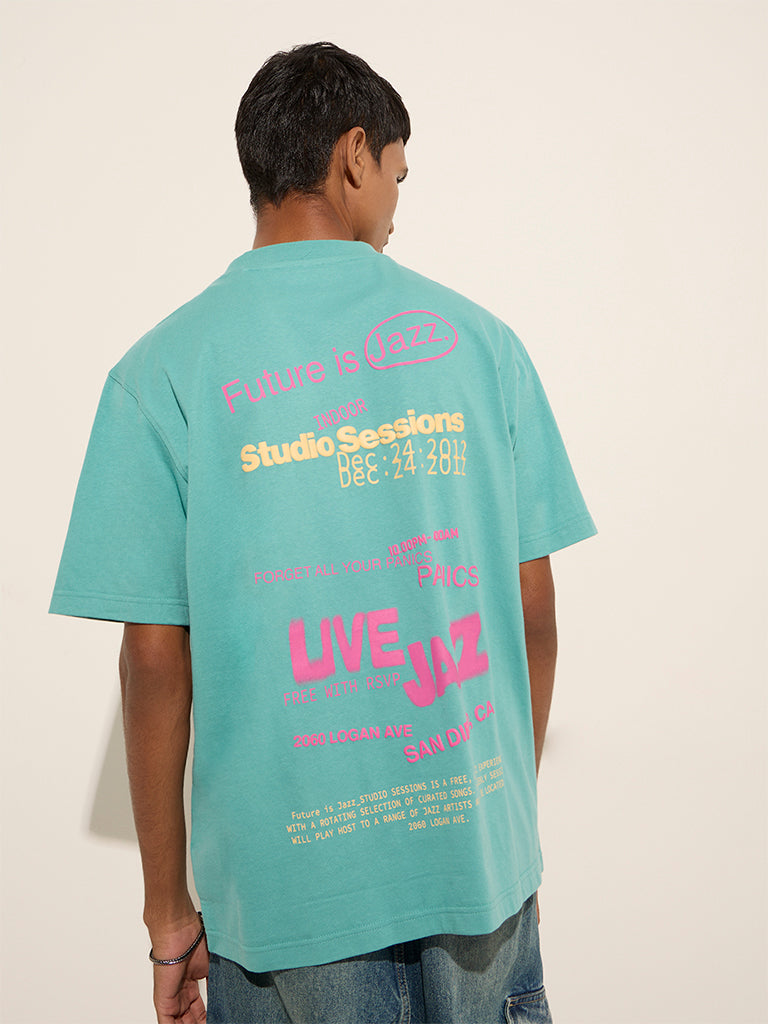 Westside Nuon Men's Teal Text Design Relaxed-Fit Cotton T-Shirt for Casual Wear Back View