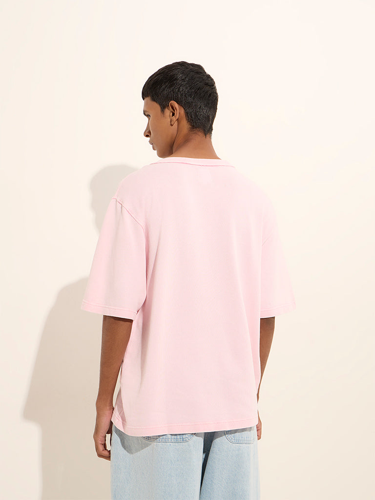 Westside Nuon Men's Pink Floral Design Relaxed-Fit Cotton T-Shirt for Casual Wear Back View