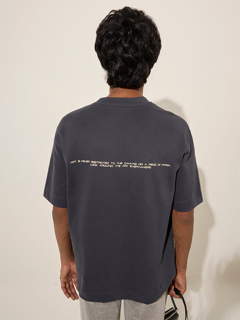 Westside Nuon Men's Charcoal Abstract Design Relaxed-Fit Cotton T-Shirt for Casual Wear Back View