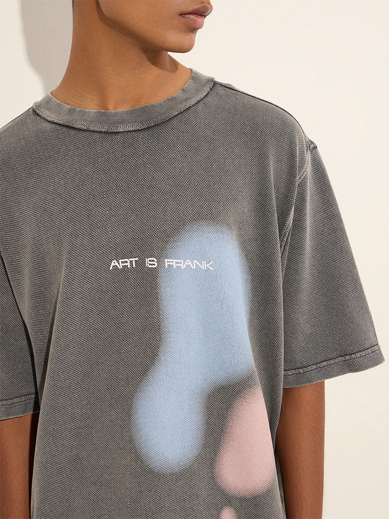 Nuon Grey Abstract Design Relaxed-Fit Cotton T-Shirt